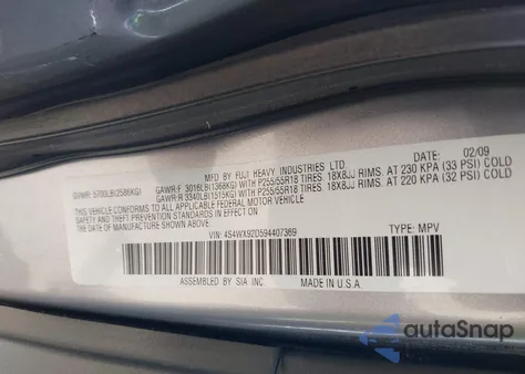 2009 Subaru Tribeca Special Edition 5-Passenger z USA, uszkodzony, nr VIN 4S4WX92D594407369